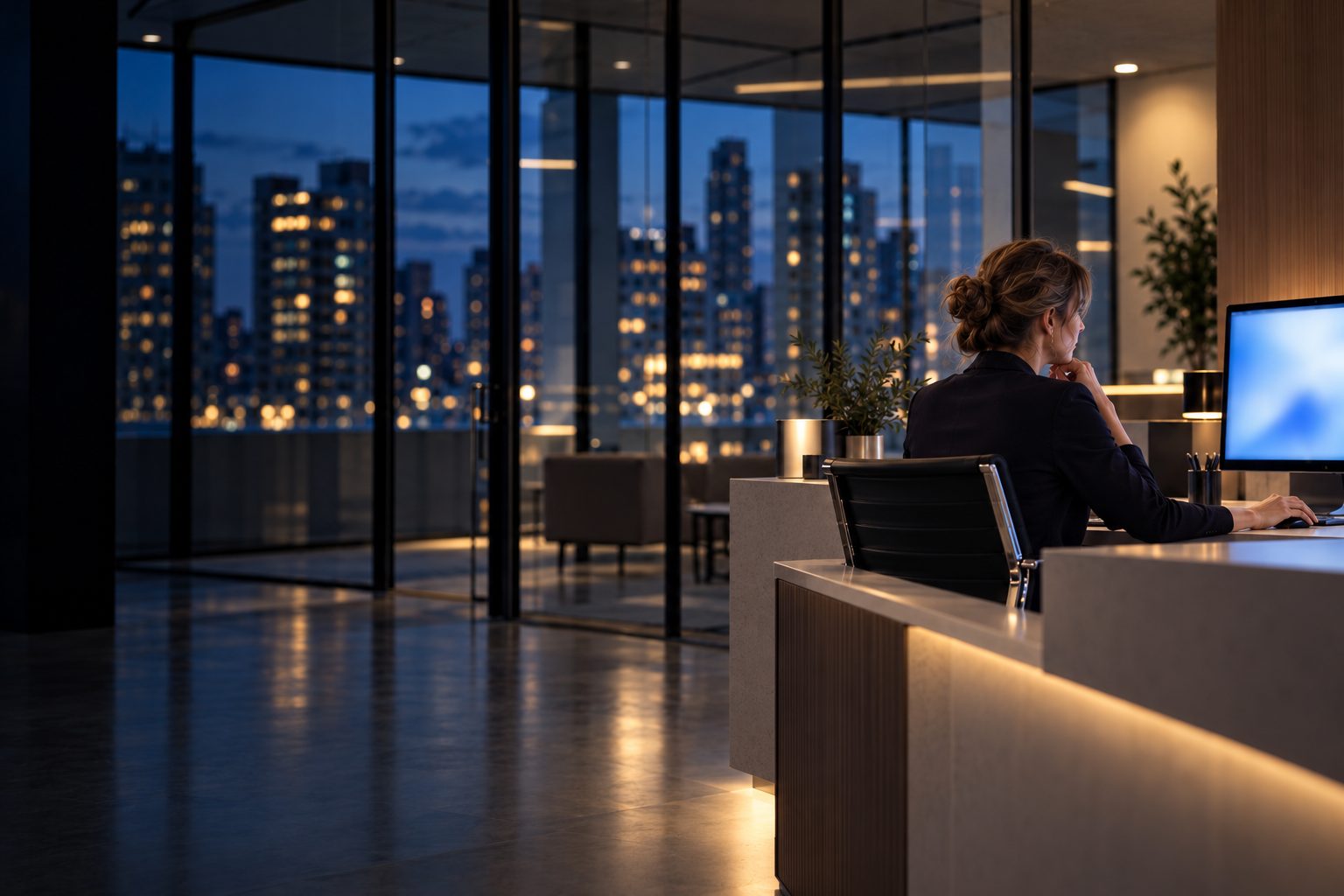 A practice manager at her front desk at dusk, reviewing a reply on her screen before it is sent