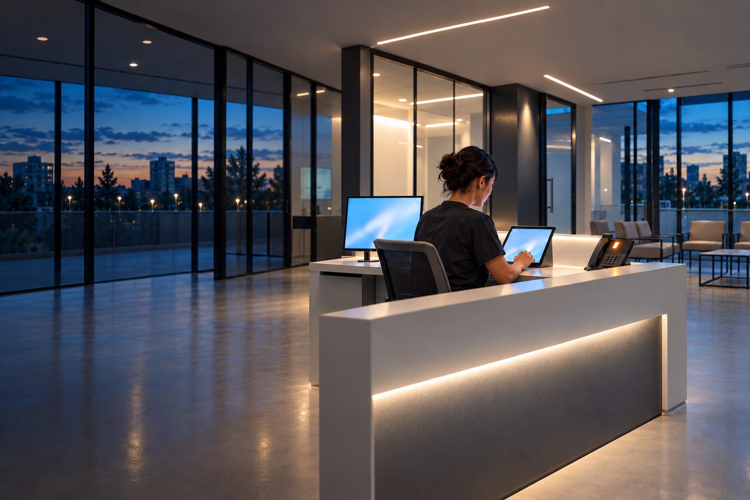 A clinic coordinator at a white front desk at dusk, the empty waiting area beside her