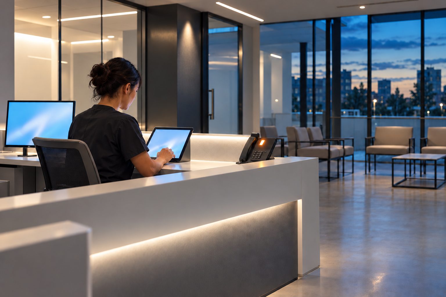 A clinic coordinator typing on a tablet at a white front desk, the empty waiting area past the counter