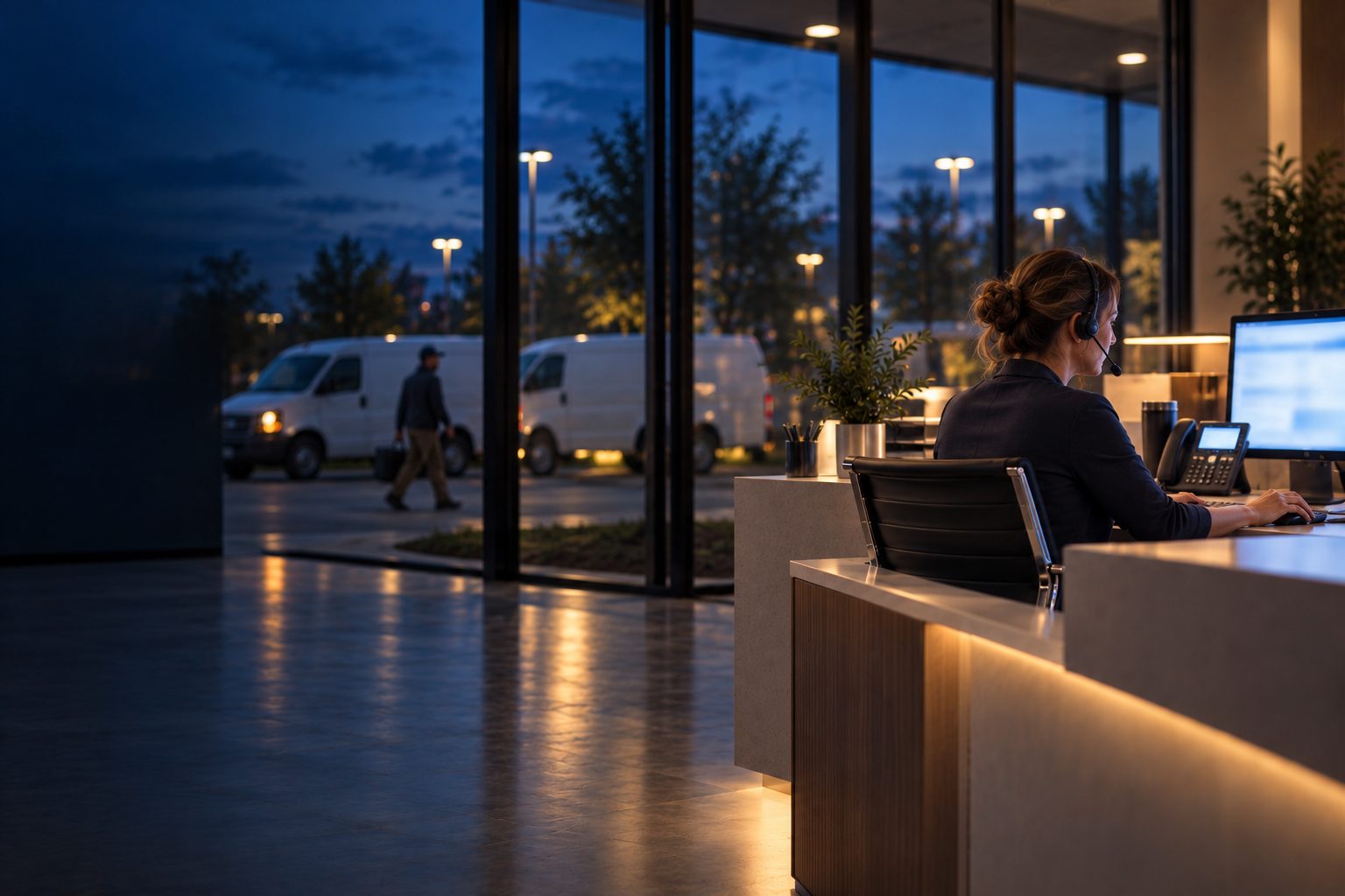 A dispatcher with a headset at her desk in the evening, service vans parked outside the window