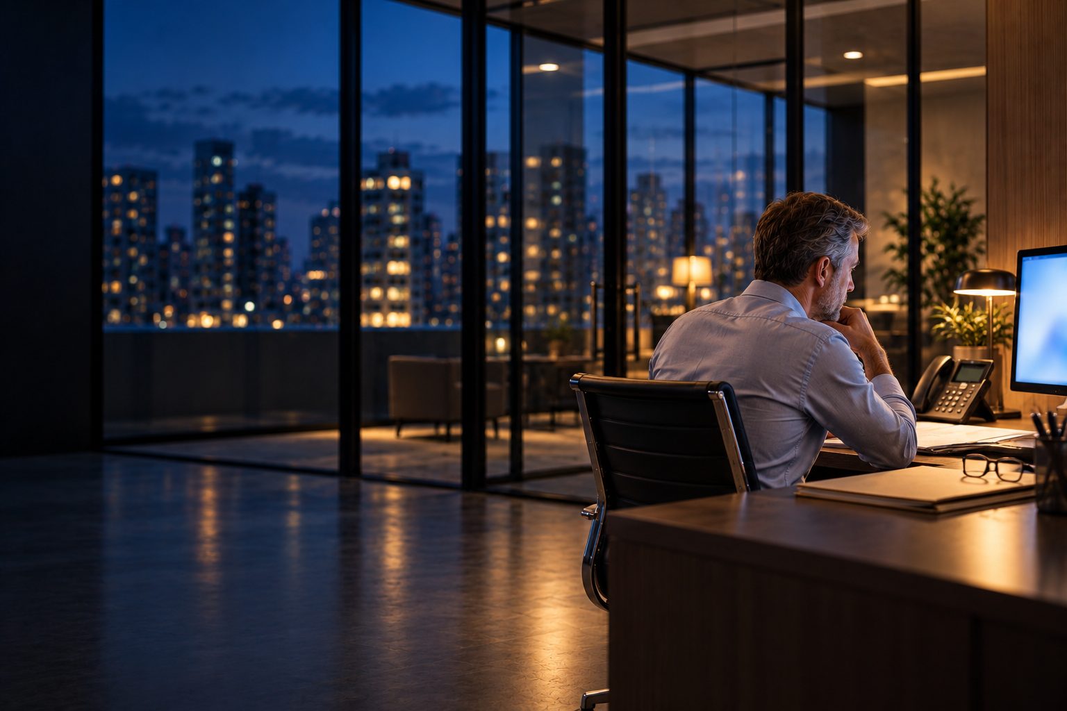 An insurance account manager at his desk in the evening, reviewing a client's renewal beside a policy folder