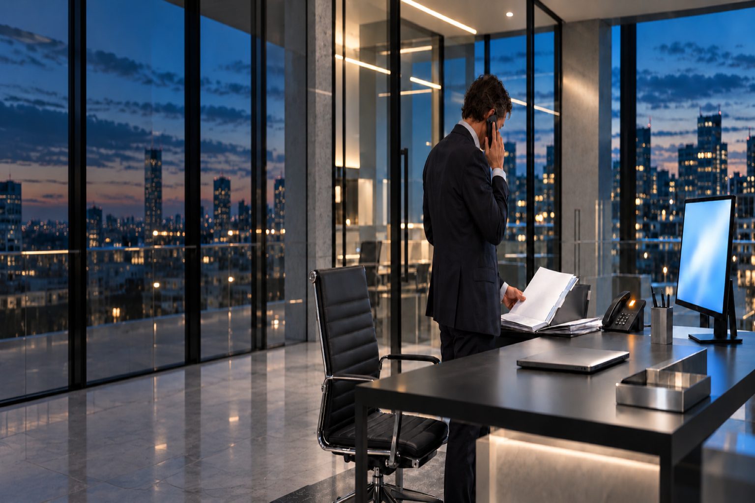 A lawyer on a phone call beside his desk, reading through a client folder at dusk