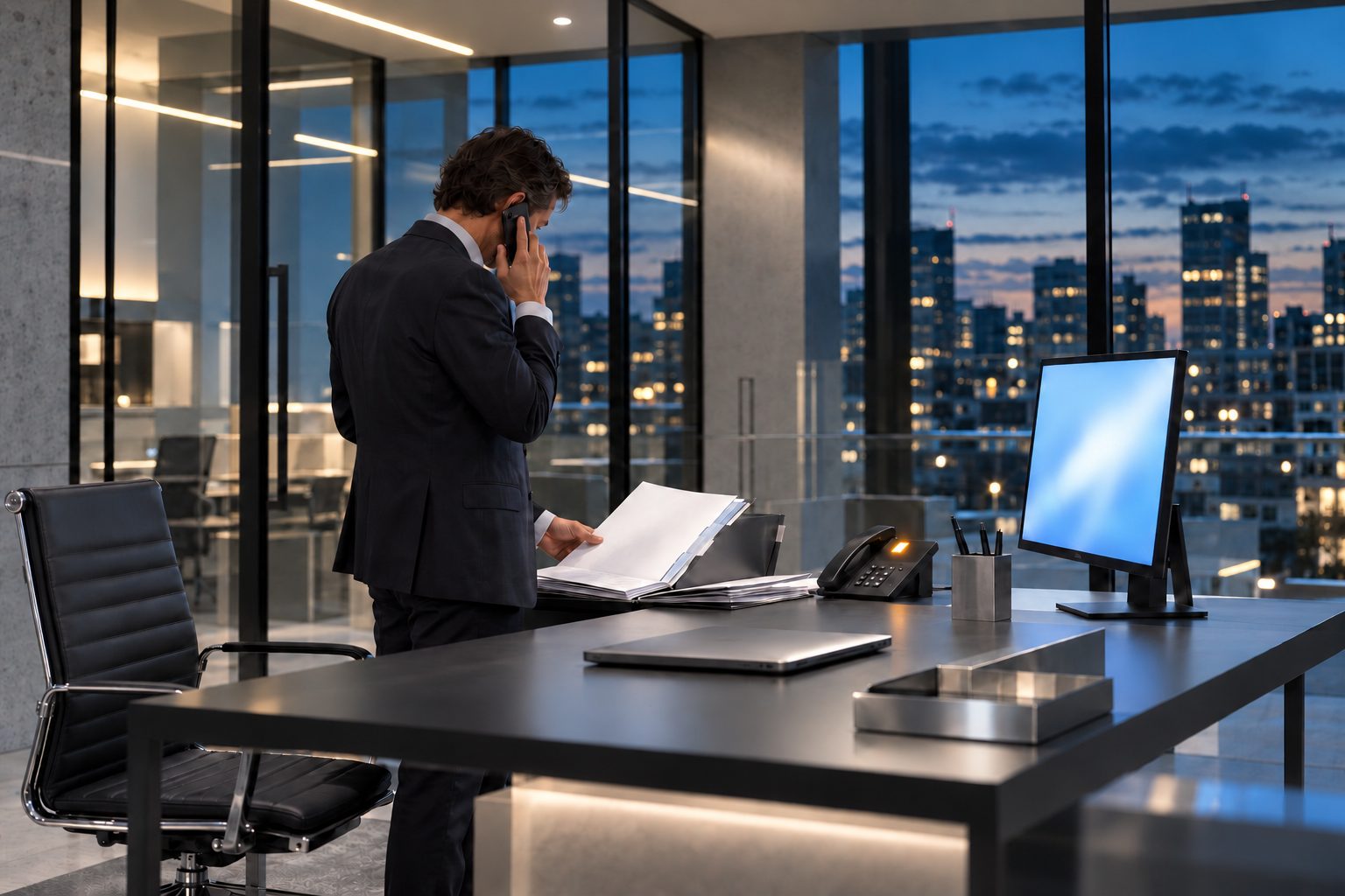 A lawyer on a phone call beside his desk, reading through a client folder in a glass-walled office at dusk