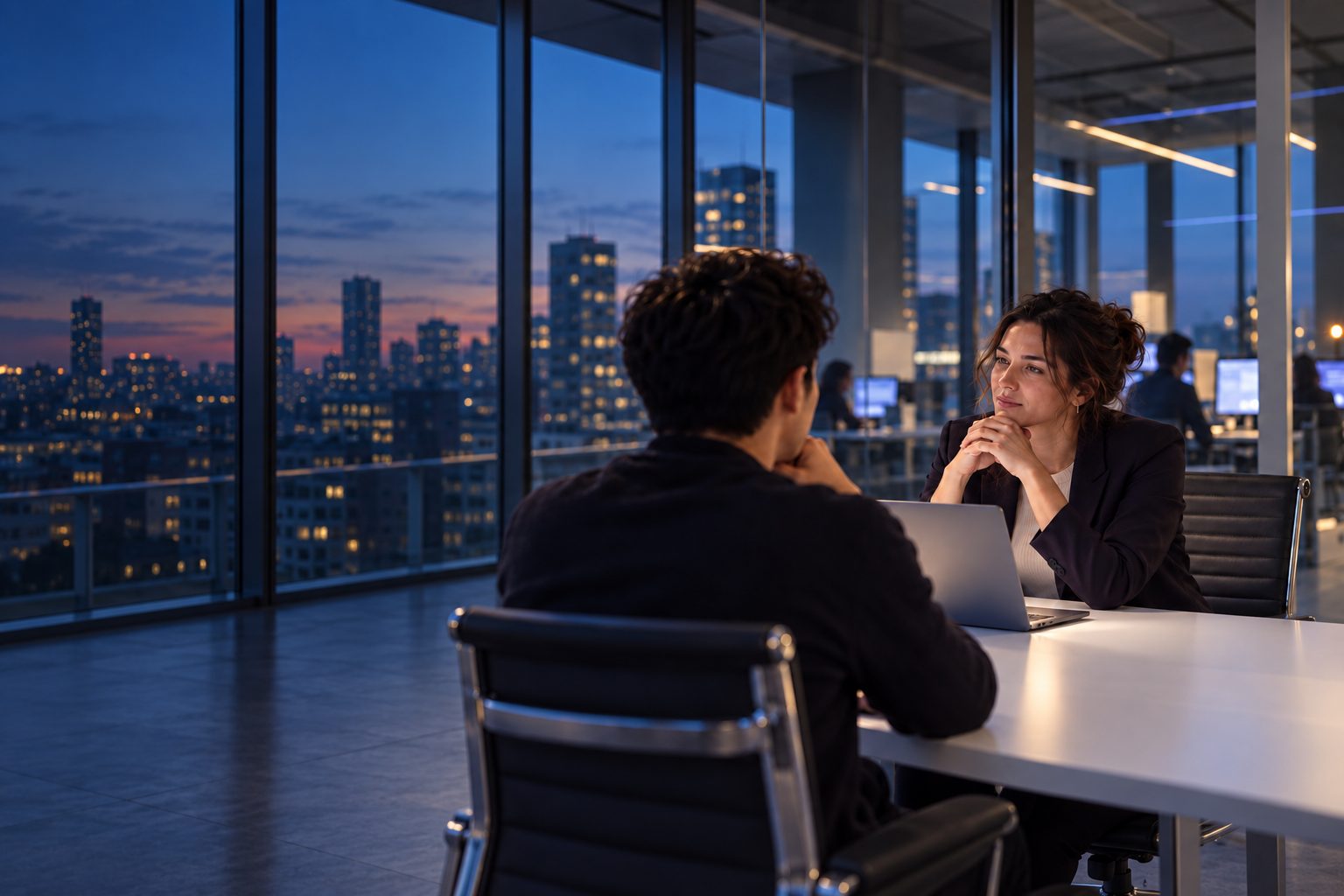 A recruiter listening to a candidate across a table in a glass meeting room at dusk